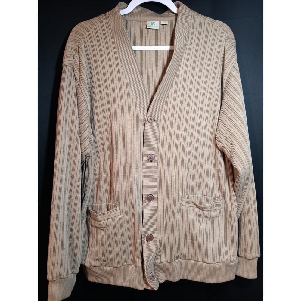 Haband Brown Striped Button Down Cardigan Mens Large Long Sleeve Pockets Layers